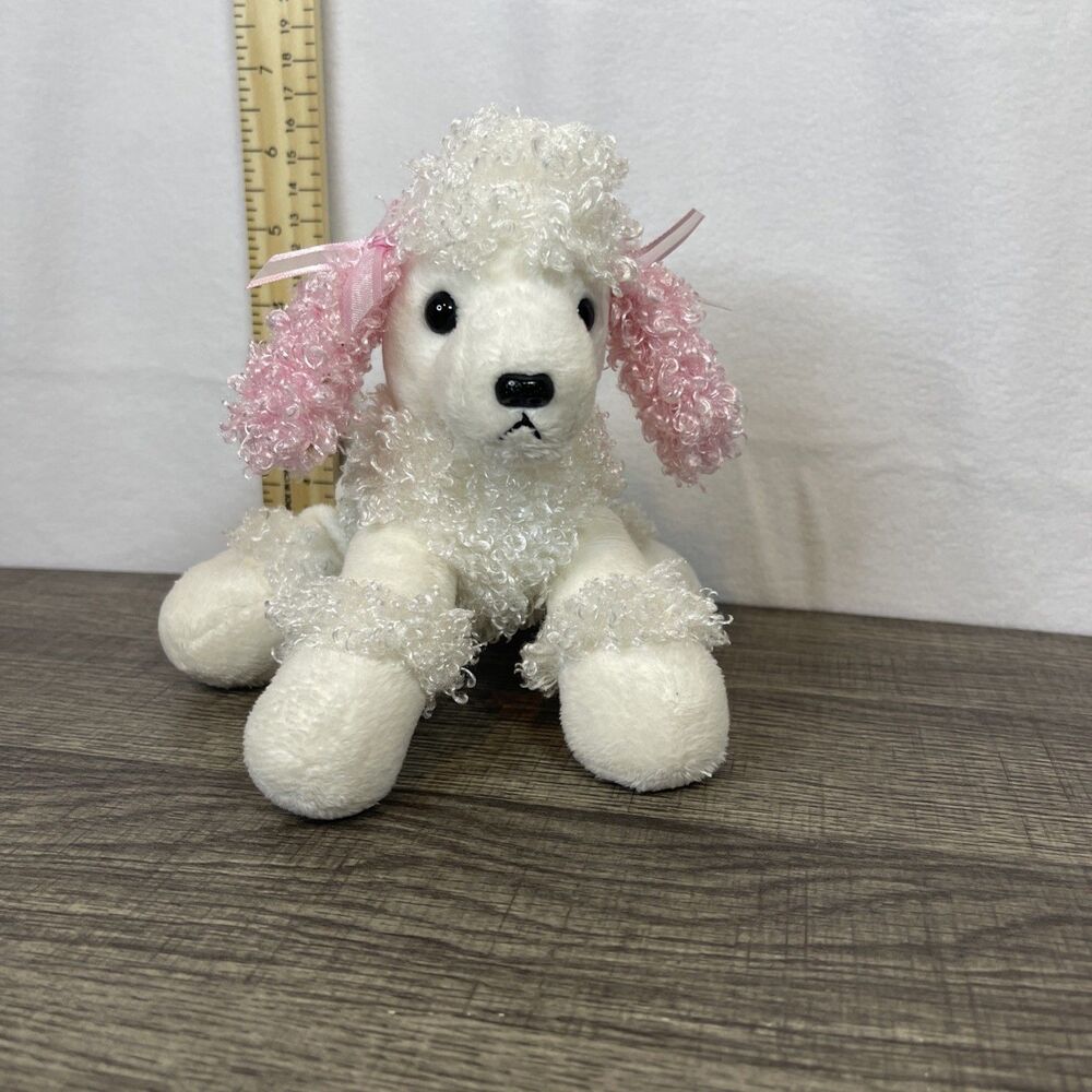 Aurora World Curly Poodle Dog Plush White & Pink With Bows in Ears Retired